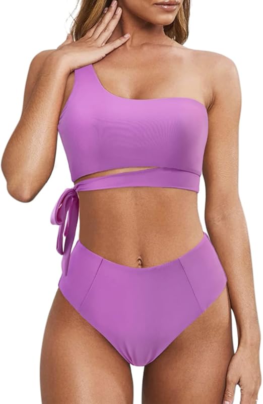 Women One Shoulder High Waisted Bikini Tie High Cut Two Piece Swimsuits - Seldom Seen Styles