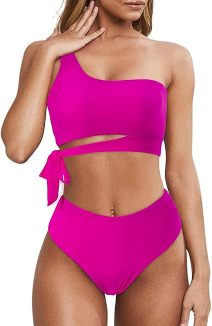Women One Shoulder High Waisted Bikini Tie High Cut Two Piece Swimsuits - Seldom Seen Styles