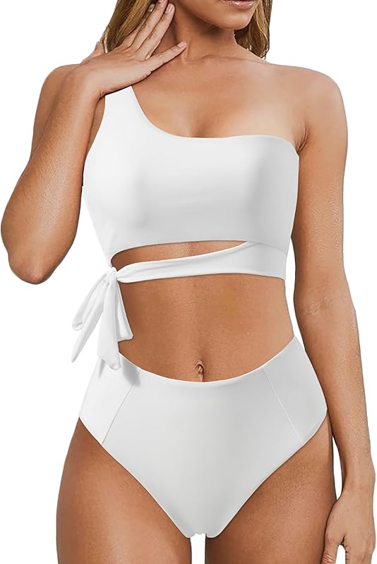 Women One Shoulder High Waisted Bikini Tie High Cut Two Piece Swimsuits - Seldom Seen Styles