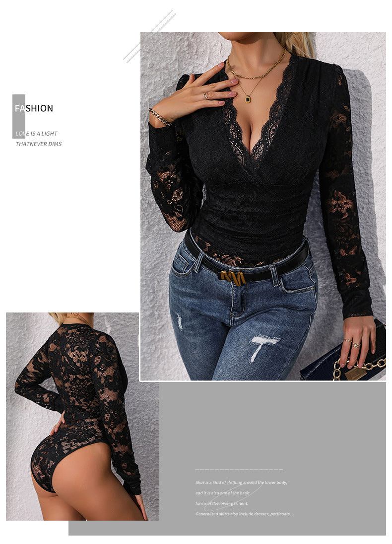 Women Sexy Deep v Neck Bodysuit Tops Long Sleeve Lace Top Elegant Going Out Outfits - Seldom Seen Styles