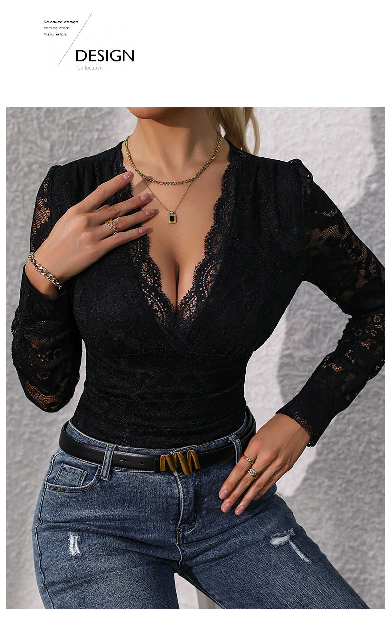 Women Sexy Deep v Neck Bodysuit Tops Long Sleeve Lace Top Elegant Going Out Outfits - Seldom Seen Styles