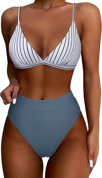 Women Sexy High Waisted 2 Piece Bikini Sets Triangle High Cut Swimsuits - Seldom Seen Styles