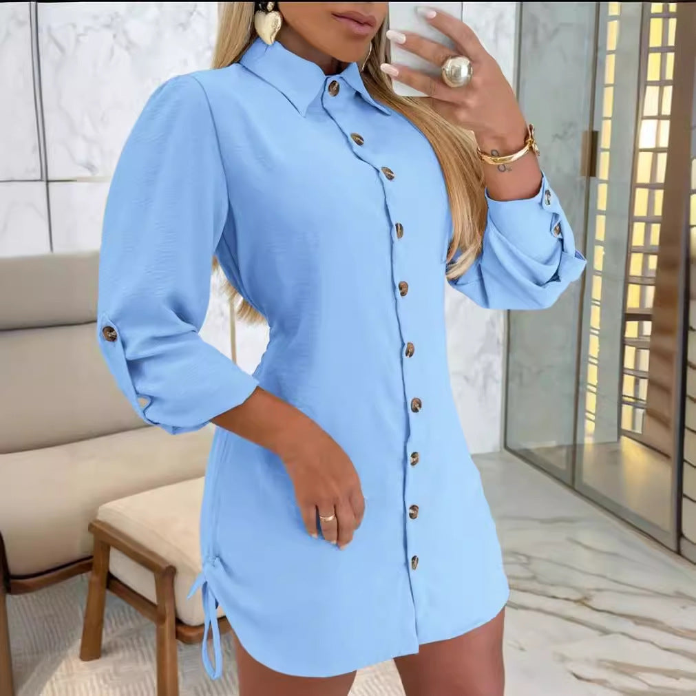 Women Shirt Dress Long Sleeve Button Down Blouses Side Drawstring Mini Dresses - Seldom Seen Styles