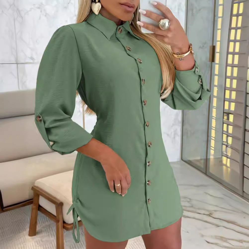 Women Shirt Dress Long Sleeve Button Down Blouses Side Drawstring Mini Dresses - Seldom Seen Styles