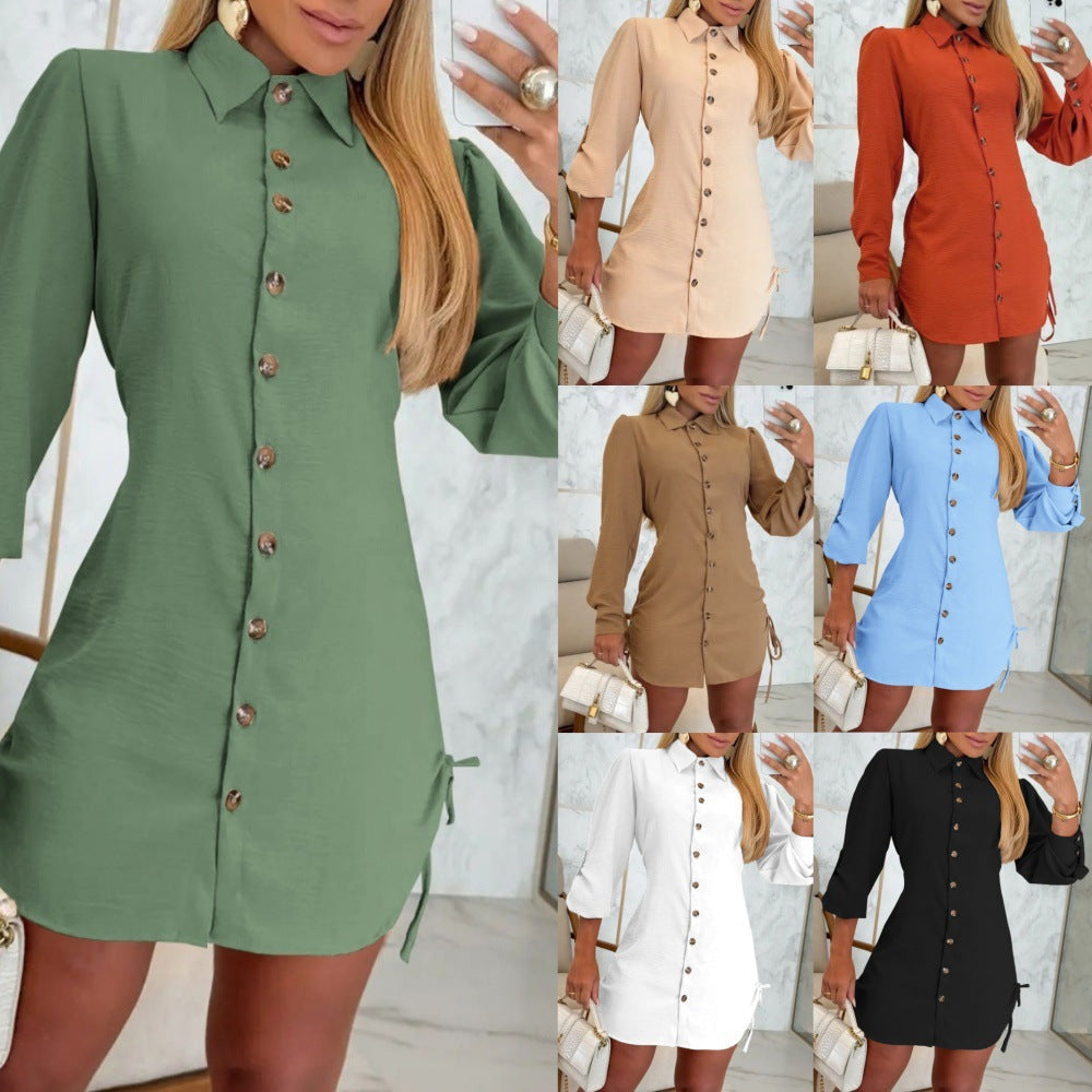 Women Shirt Dress Long Sleeve Button Down Blouses Side Drawstring Mini Dresses - Seldom Seen Styles