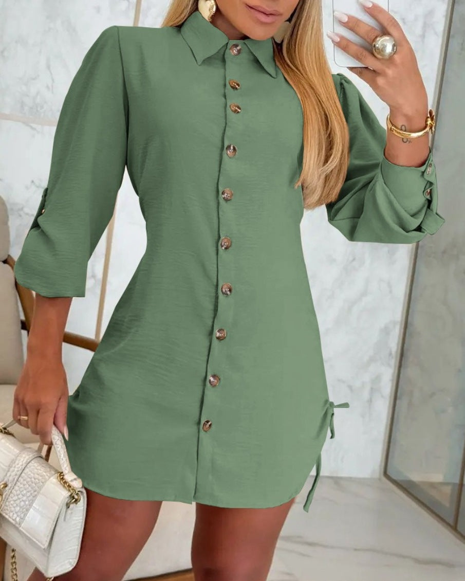 Women Shirt Dress Long Sleeve Button Down Blouses Side Drawstring Mini Dresses - Seldom Seen Styles