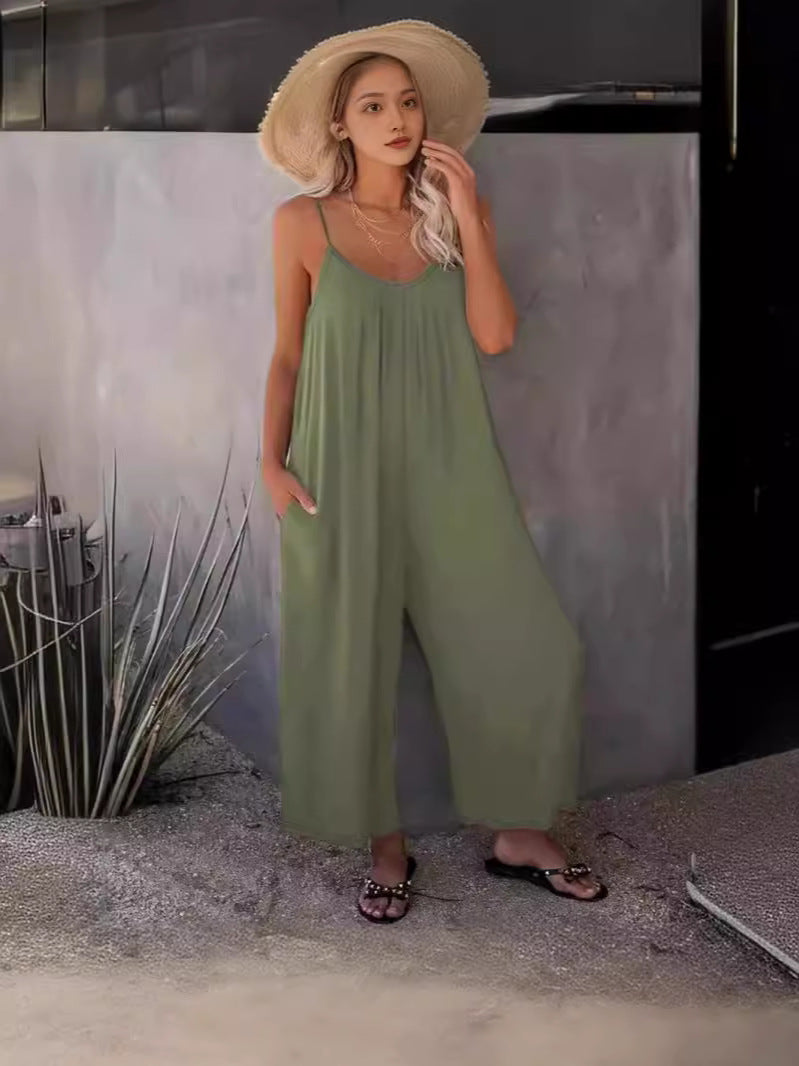 Women Summer Casual Sleeveless Spaghetti Strap Boho Wide Leg Jumpsuits Rompers Dressy 2025 Trendy Outfits Clothes - Seldom Seen Styles