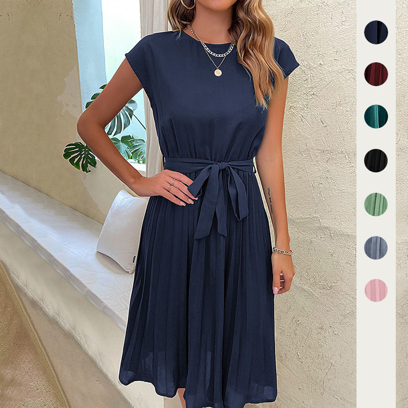 Women Summer Maxi Pleated Dress Casual Cap Sleeve Flowy Swing Loose Fit Midi Dresses Pocket Crew Neck Back Button - Seldom Seen Styles