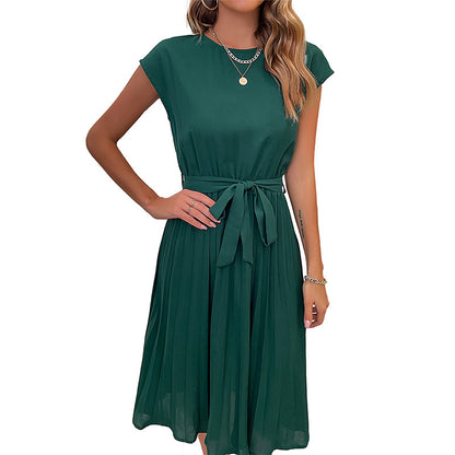 Women Summer Maxi Pleated Dress Casual Cap Sleeve Flowy Swing Loose Fit Midi Dresses Pocket Crew Neck Back Button - Seldom Seen Styles