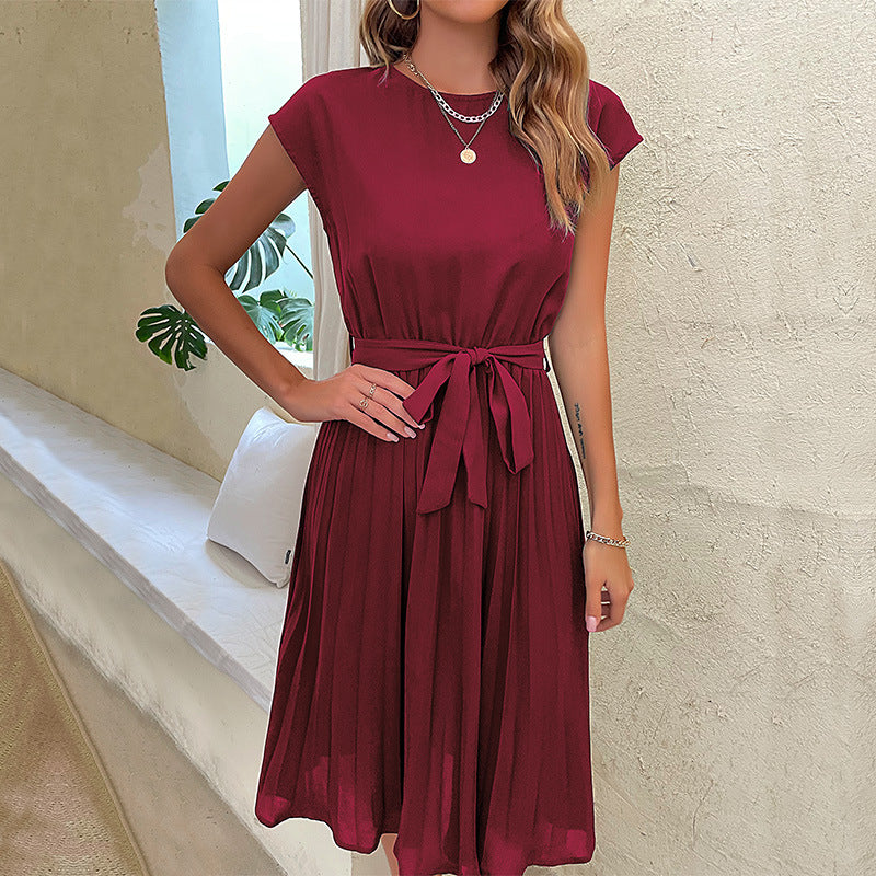 Women Summer Maxi Pleated Dress Casual Cap Sleeve Flowy Swing Loose Fit Midi Dresses Pocket Crew Neck Back Button - Seldom Seen Styles