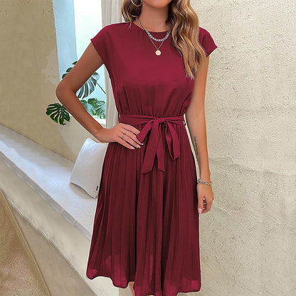 Women Summer Maxi Pleated Dress Casual Cap Sleeve Flowy Swing Loose Fit Midi Dresses Pocket Crew Neck Back Button - Seldom Seen Styles