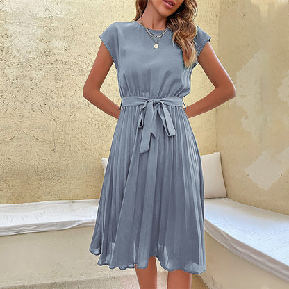 Women Summer Maxi Pleated Dress Casual Cap Sleeve Flowy Swing Loose Fit Midi Dresses Pocket Crew Neck Back Button - Seldom Seen Styles