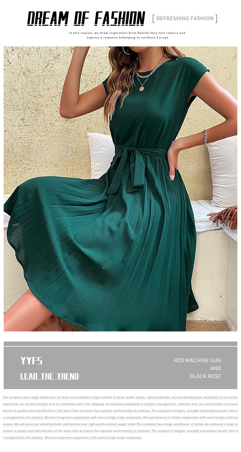 Women Summer Maxi Pleated Dress Casual Cap Sleeve Flowy Swing Loose Fit Midi Dresses Pocket Crew Neck Back Button - Seldom Seen Styles