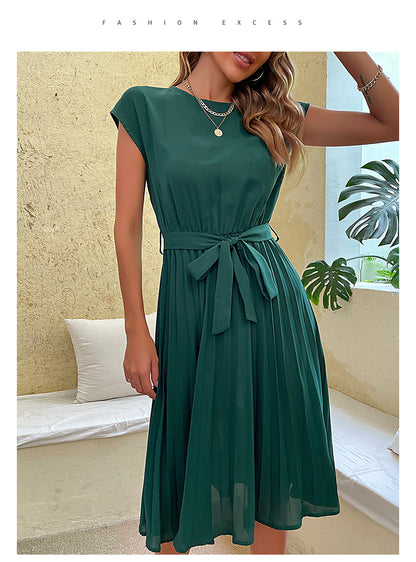 Women Summer Maxi Pleated Dress Casual Cap Sleeve Flowy Swing Loose Fit Midi Dresses Pocket Crew Neck Back Button - Seldom Seen Styles