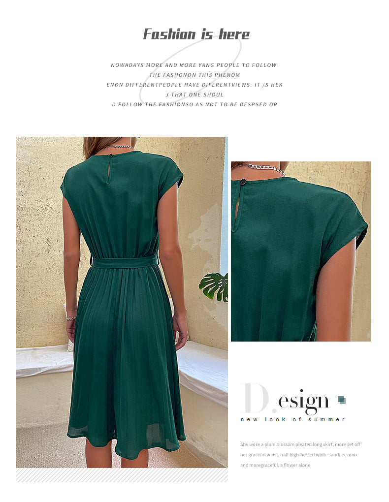 Women Summer Maxi Pleated Dress Casual Cap Sleeve Flowy Swing Loose Fit Midi Dresses Pocket Crew Neck Back Button - Seldom Seen Styles