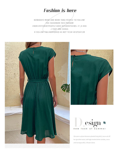 Women Summer Maxi Pleated Dress Casual Cap Sleeve Flowy Swing Loose Fit Midi Dresses Pocket Crew Neck Back Button - Seldom Seen Styles