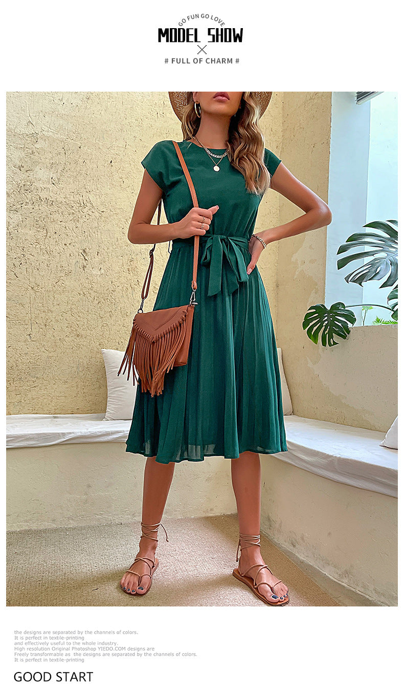 Women Summer Maxi Pleated Dress Casual Cap Sleeve Flowy Swing Loose Fit Midi Dresses Pocket Crew Neck Back Button - Seldom Seen Styles