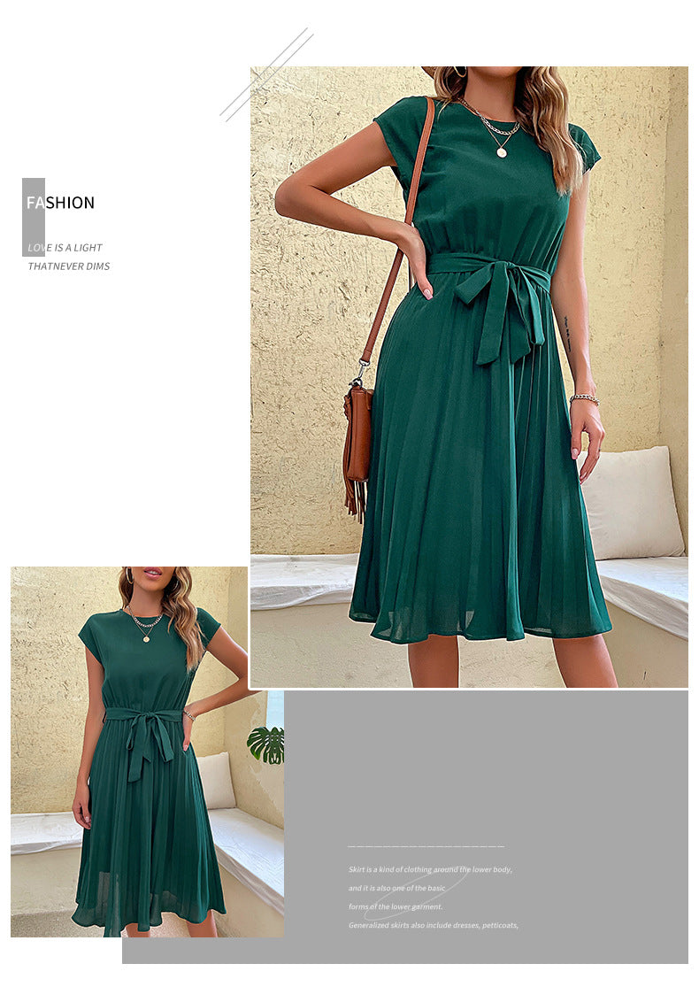 Women Summer Maxi Pleated Dress Casual Cap Sleeve Flowy Swing Loose Fit Midi Dresses Pocket Crew Neck Back Button - Seldom Seen Styles