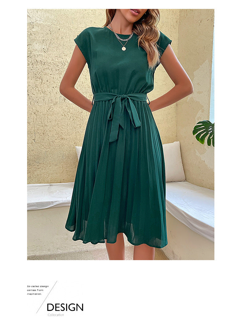 Women Summer Maxi Pleated Dress Casual Cap Sleeve Flowy Swing Loose Fit Midi Dresses Pocket Crew Neck Back Button - Seldom Seen Styles