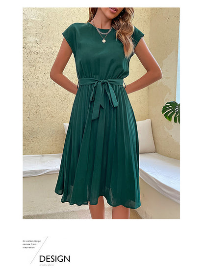 Women Summer Maxi Pleated Dress Casual Cap Sleeve Flowy Swing Loose Fit Midi Dresses Pocket Crew Neck Back Button - Seldom Seen Styles