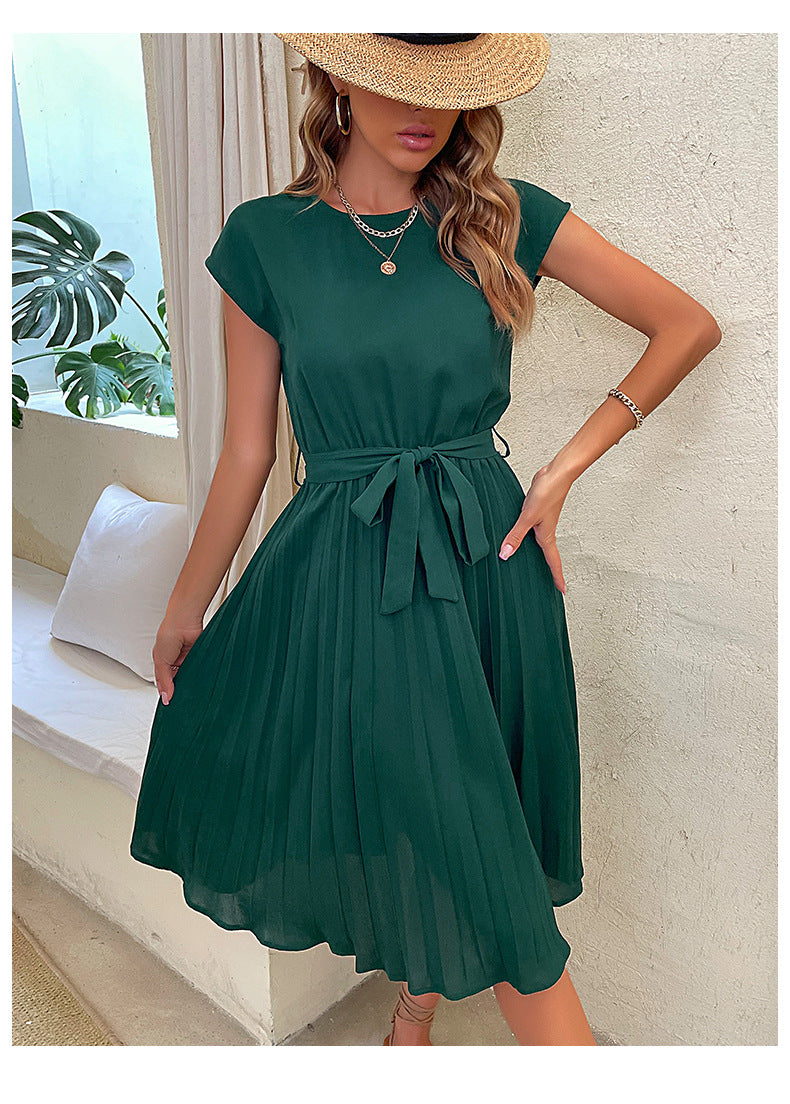 Women Summer Maxi Pleated Dress Casual Cap Sleeve Flowy Swing Loose Fit Midi Dresses Pocket Crew Neck Back Button - Seldom Seen Styles
