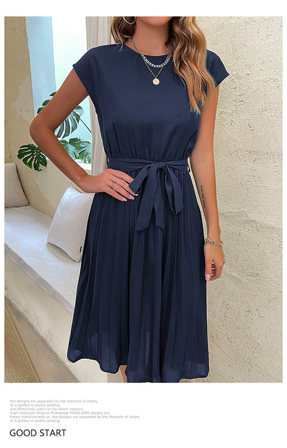 Women Summer Maxi Pleated Dress Casual Cap Sleeve Flowy Swing Loose Fit Midi Dresses Pocket Crew Neck Back Button - Seldom Seen Styles
