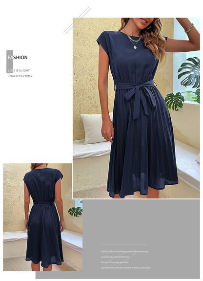 Women Summer Maxi Pleated Dress Casual Cap Sleeve Flowy Swing Loose Fit Midi Dresses Pocket Crew Neck Back Button - Seldom Seen Styles