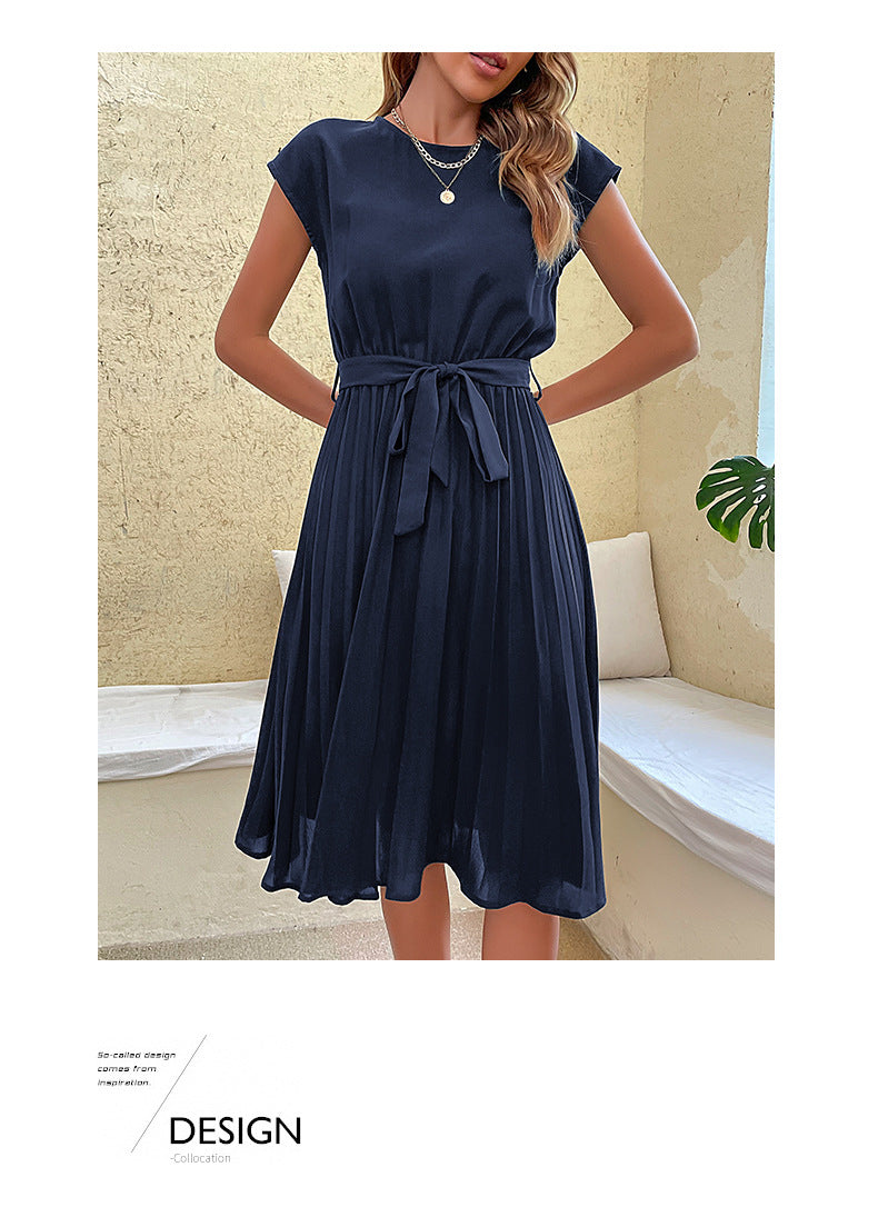 Women Summer Maxi Pleated Dress Casual Cap Sleeve Flowy Swing Loose Fit Midi Dresses Pocket Crew Neck Back Button - Seldom Seen Styles