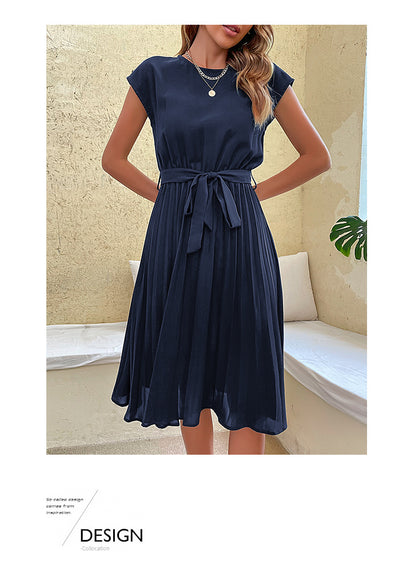 Women Summer Maxi Pleated Dress Casual Cap Sleeve Flowy Swing Loose Fit Midi Dresses Pocket Crew Neck Back Button - Seldom Seen Styles