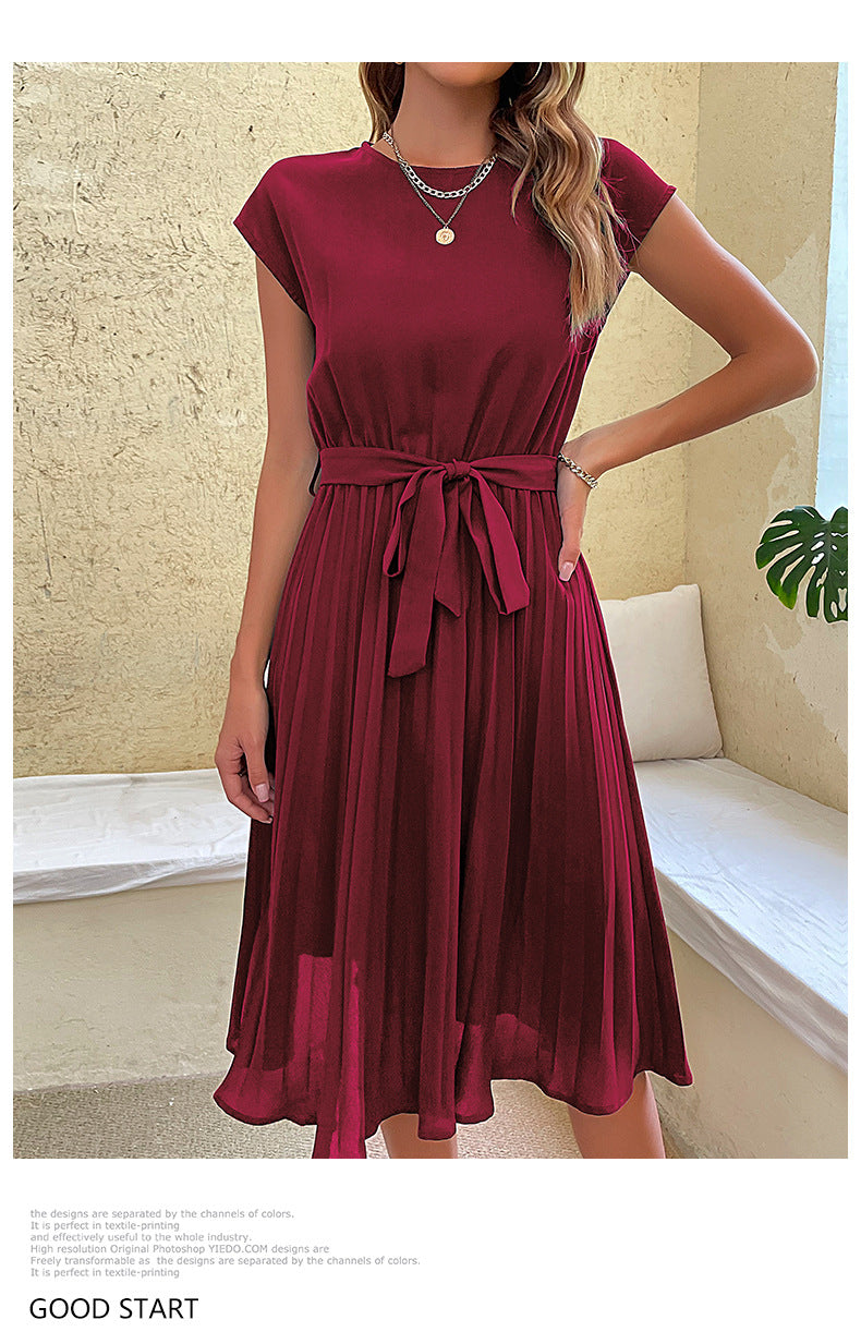 Women Summer Maxi Pleated Dress Casual Cap Sleeve Flowy Swing Loose Fit Midi Dresses Pocket Crew Neck Back Button - Seldom Seen Styles