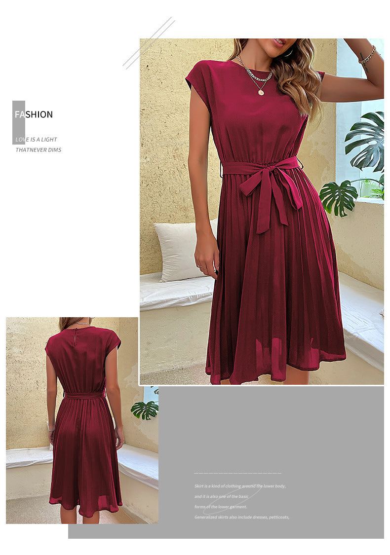 Women Summer Maxi Pleated Dress Casual Cap Sleeve Flowy Swing Loose Fit Midi Dresses Pocket Crew Neck Back Button - Seldom Seen Styles