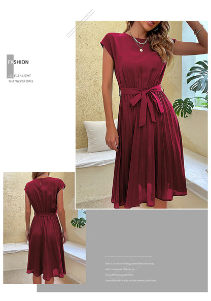 Women Summer Maxi Pleated Dress Casual Cap Sleeve Flowy Swing Loose Fit Midi Dresses Pocket Crew Neck Back Button - Seldom Seen Styles