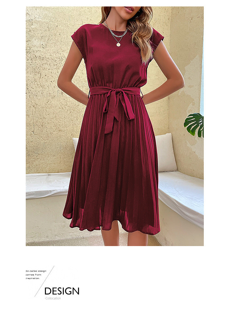 Women Summer Maxi Pleated Dress Casual Cap Sleeve Flowy Swing Loose Fit Midi Dresses Pocket Crew Neck Back Button - Seldom Seen Styles