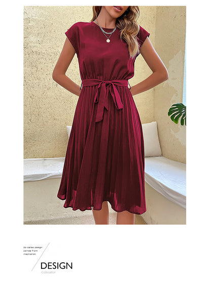Women Summer Maxi Pleated Dress Casual Cap Sleeve Flowy Swing Loose Fit Midi Dresses Pocket Crew Neck Back Button - Seldom Seen Styles