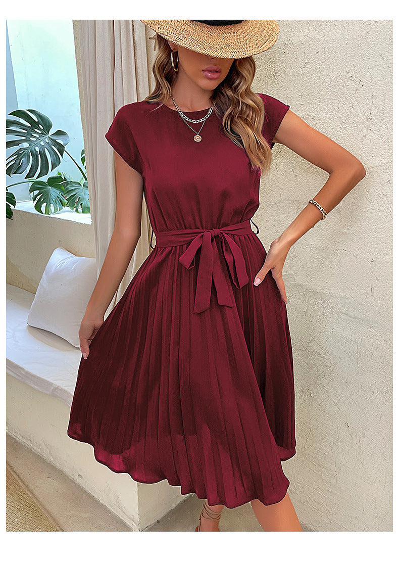 Women Summer Maxi Pleated Dress Casual Cap Sleeve Flowy Swing Loose Fit Midi Dresses Pocket Crew Neck Back Button - Seldom Seen Styles