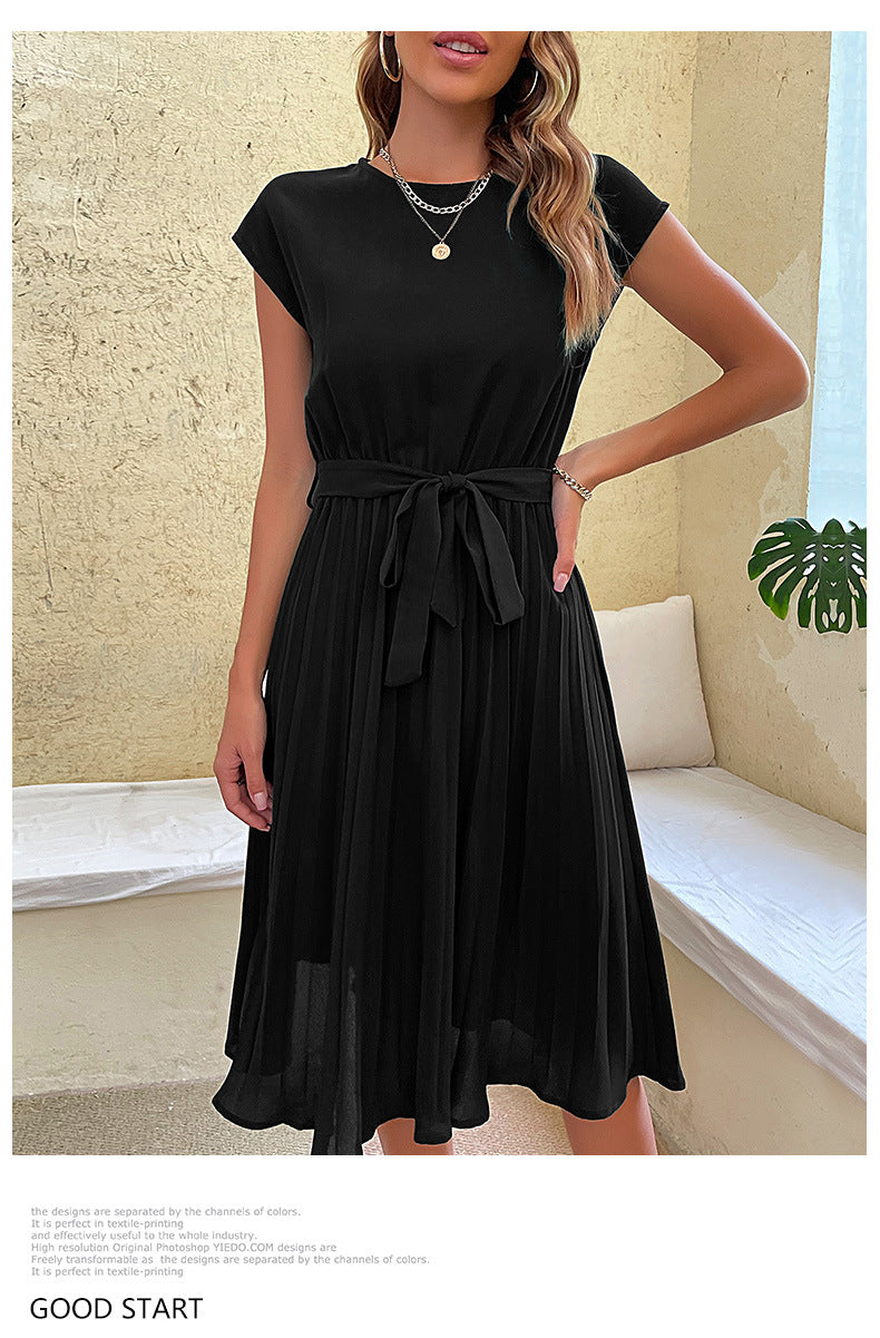 Women Summer Maxi Pleated Dress Casual Cap Sleeve Flowy Swing Loose Fit Midi Dresses Pocket Crew Neck Back Button - Seldom Seen Styles