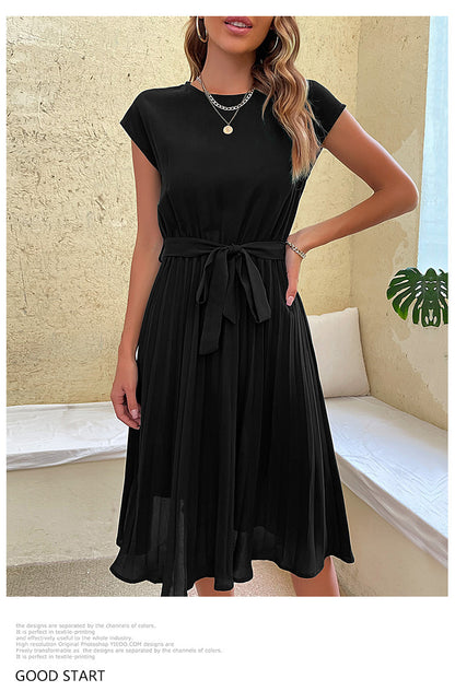 Women Summer Maxi Pleated Dress Casual Cap Sleeve Flowy Swing Loose Fit Midi Dresses Pocket Crew Neck Back Button - Seldom Seen Styles