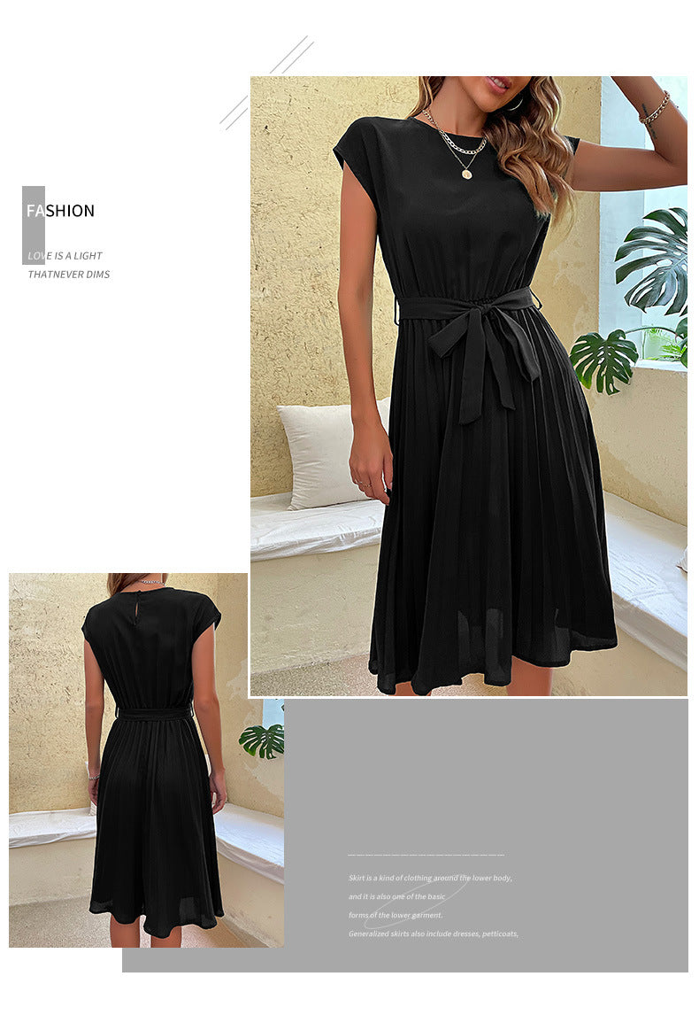Women Summer Maxi Pleated Dress Casual Cap Sleeve Flowy Swing Loose Fit Midi Dresses Pocket Crew Neck Back Button - Seldom Seen Styles