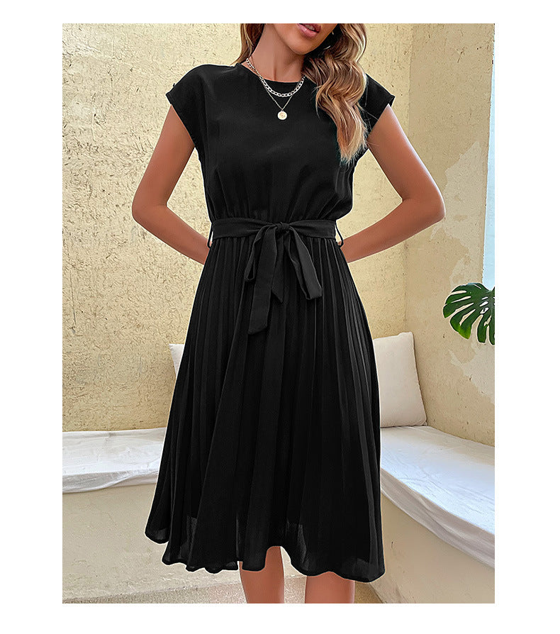 Women Summer Maxi Pleated Dress Casual Cap Sleeve Flowy Swing Loose Fit Midi Dresses Pocket Crew Neck Back Button - Seldom Seen Styles