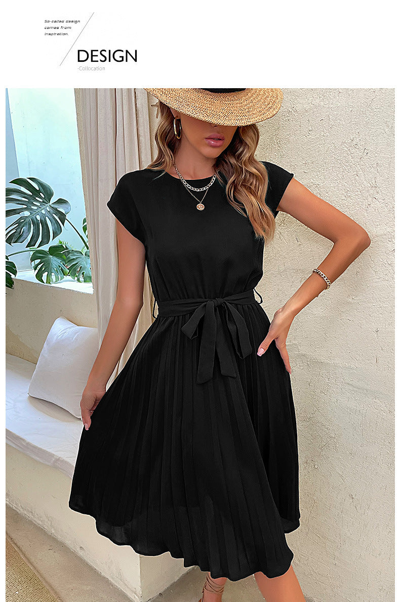 Women Summer Maxi Pleated Dress Casual Cap Sleeve Flowy Swing Loose Fit Midi Dresses Pocket Crew Neck Back Button - Seldom Seen Styles