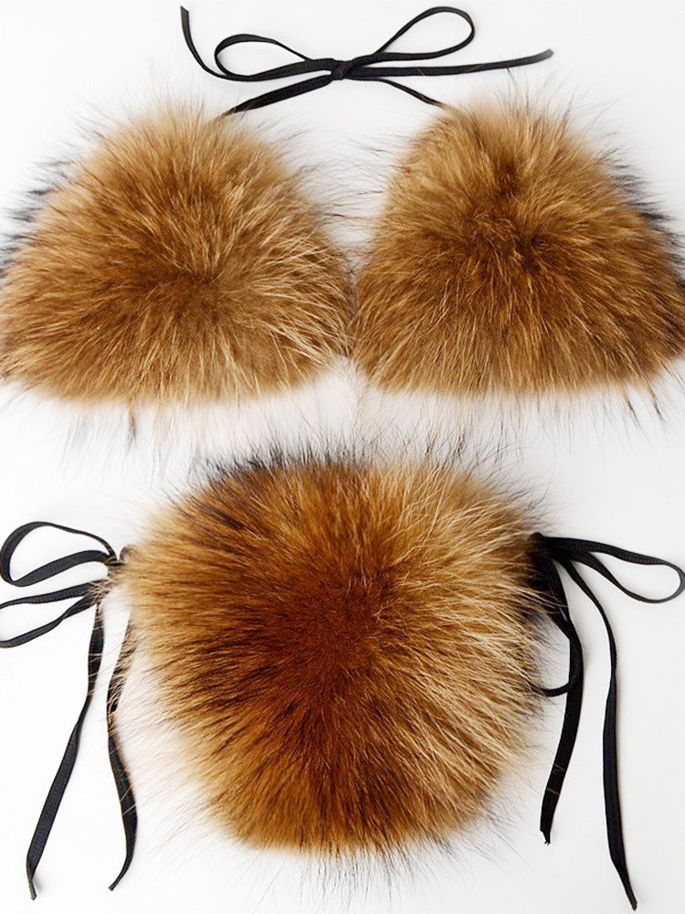 Women Summer Sexy 2 Piece Bikini Set Faux Fur Rainbow Striped Halter Swimsuit Tie Side Bottom Bralette Plush Bathing Suit Party Clubwear - Seldom Seen Styles