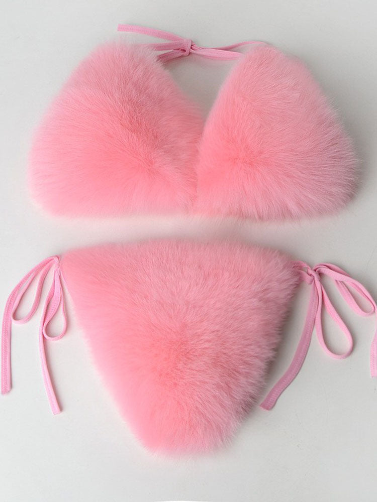 Women Summer Sexy 2 Piece Bikini Set Faux Fur Rainbow Striped Halter Swimsuit Tie Side Bottom Bralette Plush Bathing Suit Party Clubwear - Seldom Seen Styles