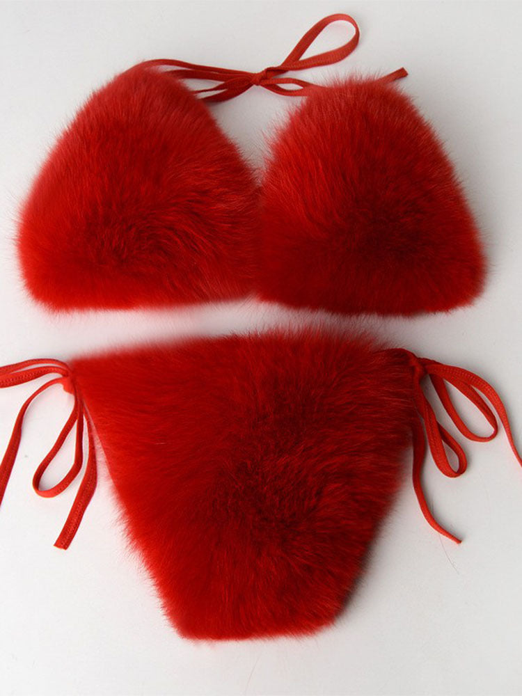 Women Summer Sexy 2 Piece Bikini Set Faux Fur Rainbow Striped Halter Swimsuit Tie Side Bottom Bralette Plush Bathing Suit Party Clubwear - Seldom Seen Styles