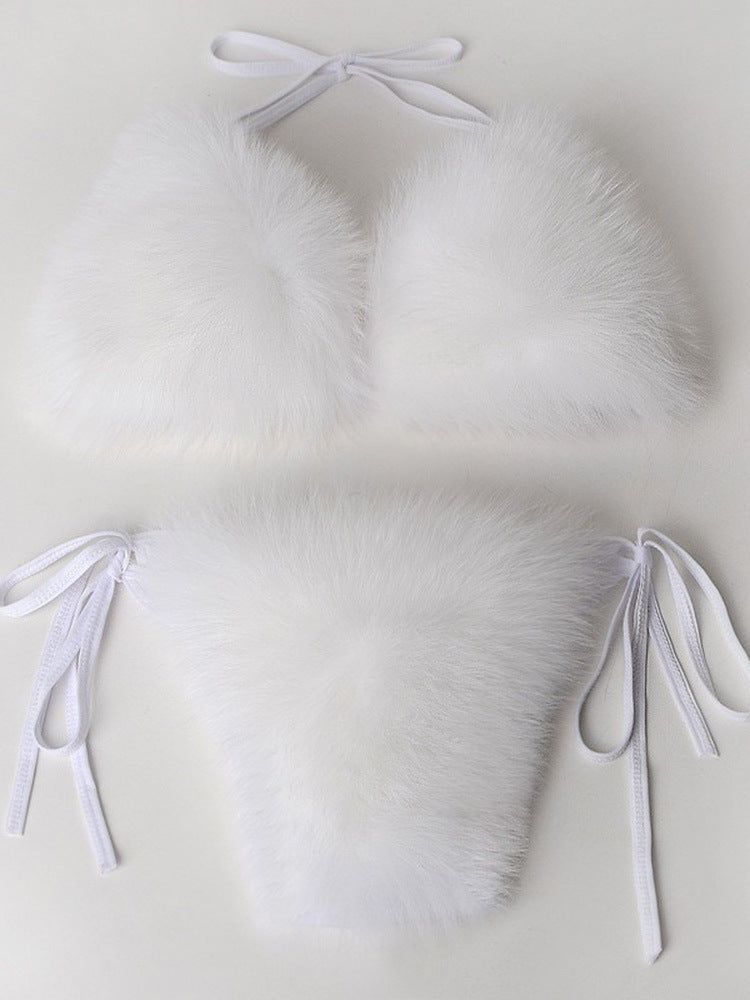 Women Summer Sexy 2 Piece Bikini Set Faux Fur Rainbow Striped Halter Swimsuit Tie Side Bottom Bralette Plush Bathing Suit Party Clubwear - Seldom Seen Styles