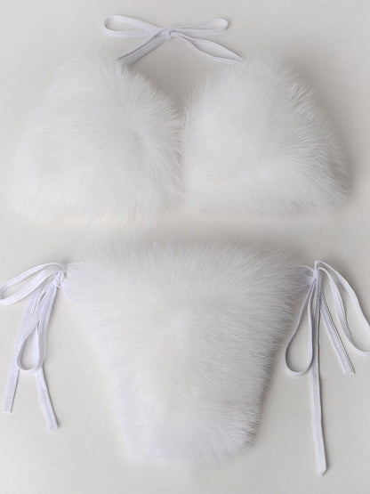 Women Summer Sexy 2 Piece Bikini Set Faux Fur Rainbow Striped Halter Swimsuit Tie Side Bottom Bralette Plush Bathing Suit Party Clubwear - Seldom Seen Styles