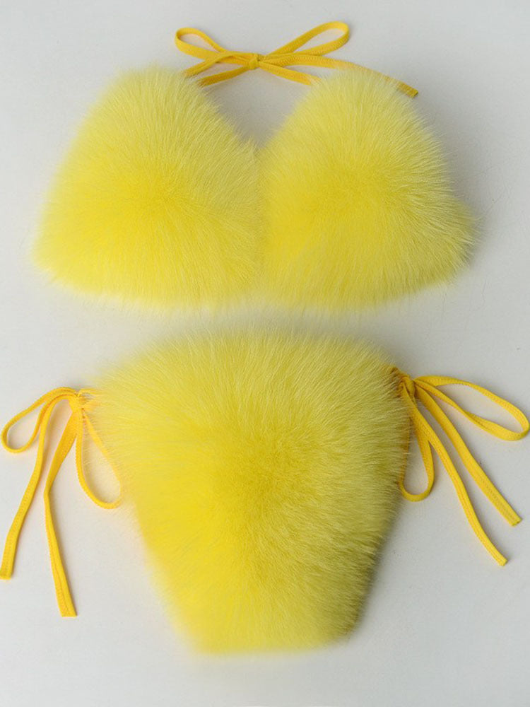 Women Summer Sexy 2 Piece Bikini Set Faux Fur Rainbow Striped Halter Swimsuit Tie Side Bottom Bralette Plush Bathing Suit Party Clubwear - Seldom Seen Styles