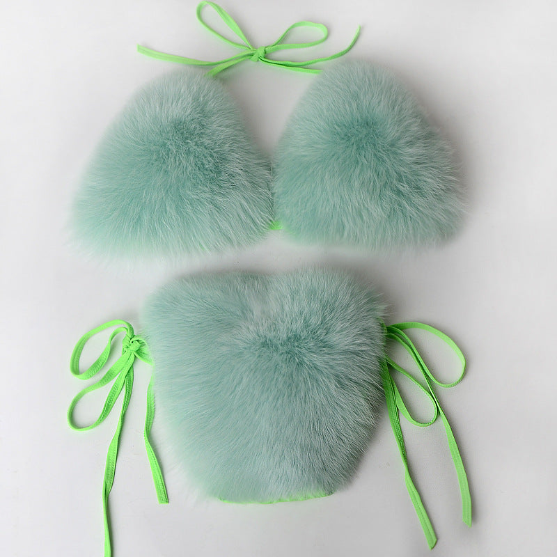 Women Summer Sexy 2 Piece Bikini Set Faux Fur Rainbow Striped Halter Swimsuit Tie Side Bottom Bralette Plush Bathing Suit Party Clubwear - Seldom Seen Styles