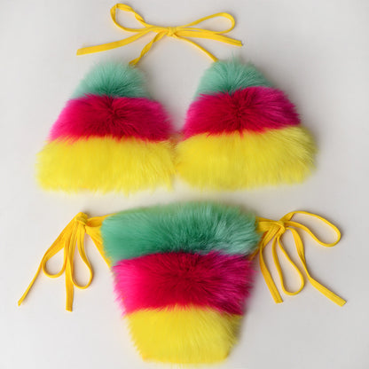 Women Summer Sexy 2 Piece Bikini Set Faux Fur Rainbow Striped Halter Swimsuit Tie Side Bottom Bralette Plush Bathing Suit Party Clubwear - Seldom Seen Styles