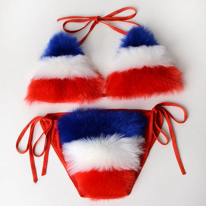 Women Summer Sexy 2 Piece Bikini Set Faux Fur Rainbow Striped Halter Swimsuit Tie Side Bottom Bralette Plush Bathing Suit Party Clubwear - Seldom Seen Styles
