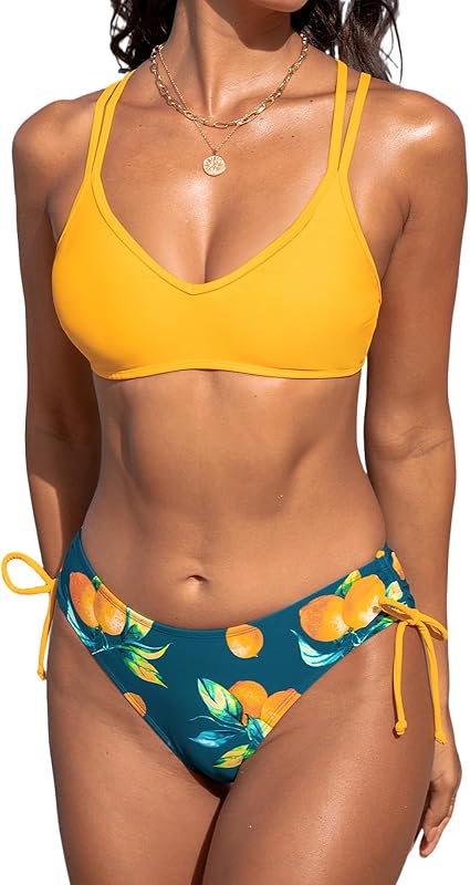 Women Swimsuit Bikini Set Two Piece Bathing Suit Criss Cross Back Strappy Side with Double Spaghetti Straps - Seldom Seen Styles